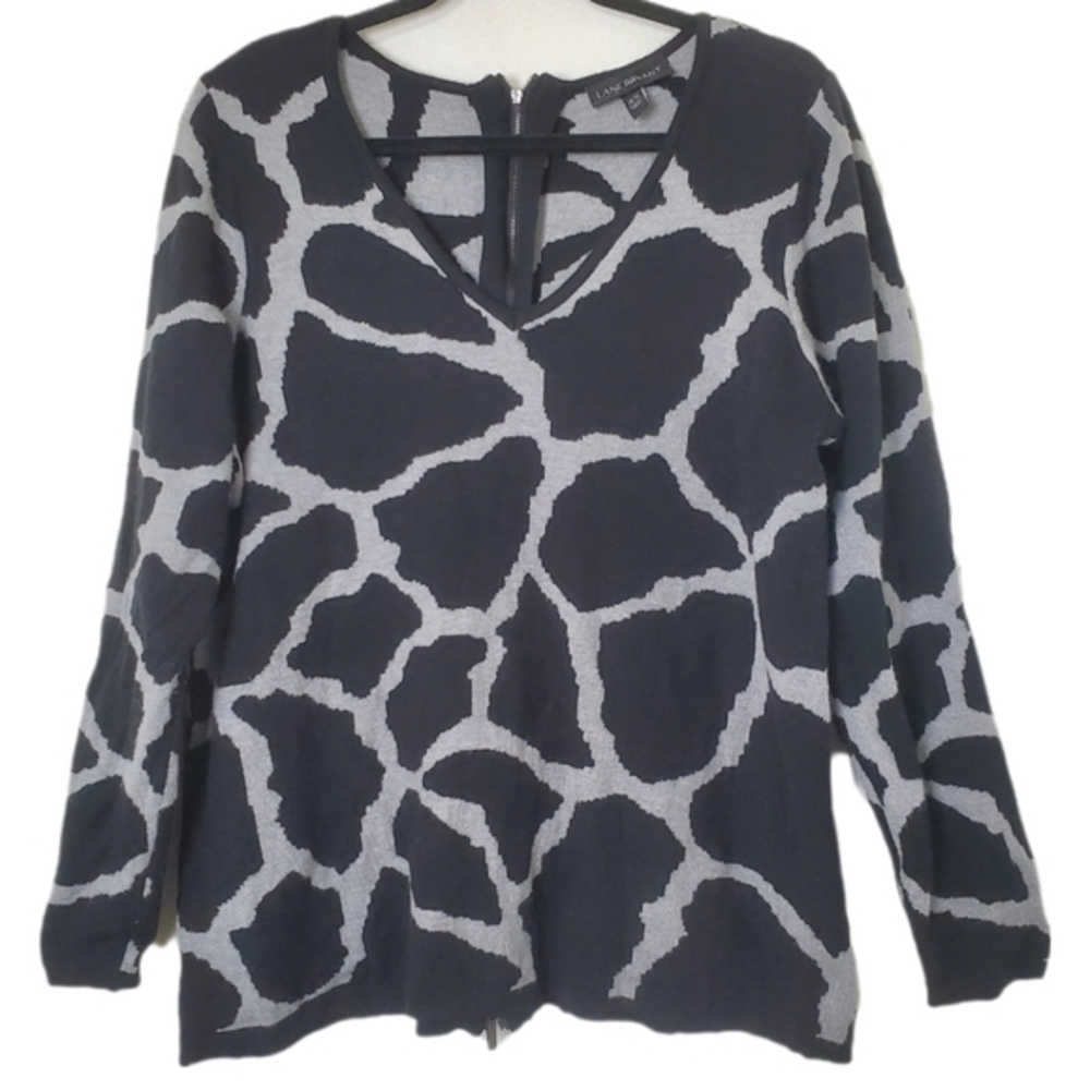 Lane Bryant Womens Black Gray Back Zip V-Neck Animal Print Sweater Top 18/20 2X